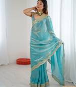 Sky blue color stylish fendy satin silk fabric bollywood style saree