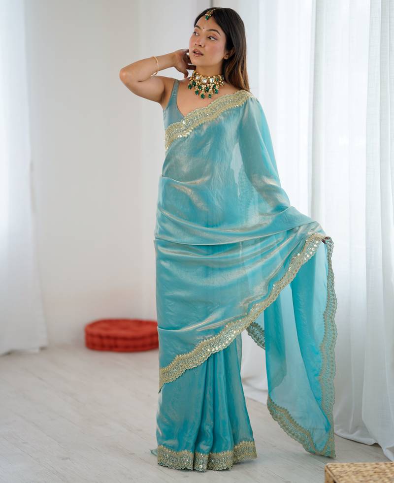 Sky blue color stylish fendy satin silk fabric bollywood style saree