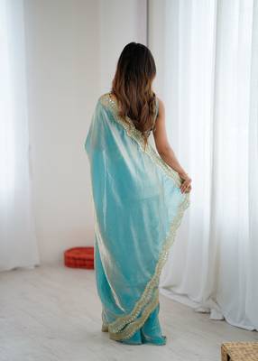 Sky blue stylish satin silk blend style saree 2