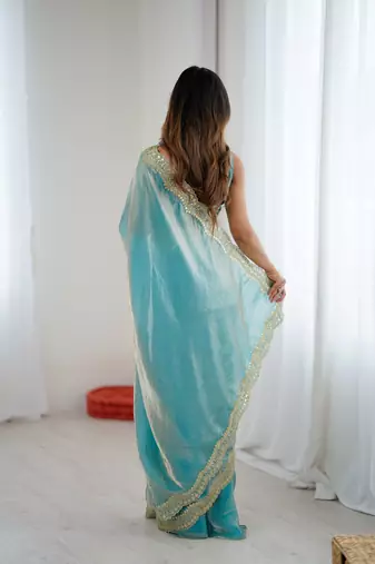 Sky blue stylish satin silk blend style saree