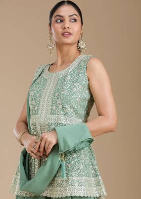 Teal color star georgette party wear peplum sharara set 4