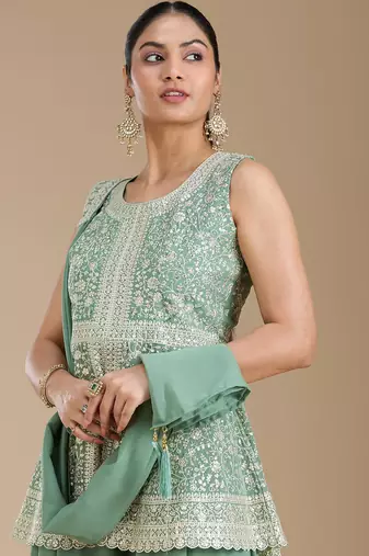 Teal color star georgette party wear designer peplum sharara set