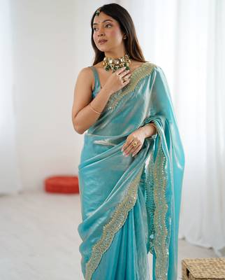 Sky blue stylish satin silk blend style saree 3