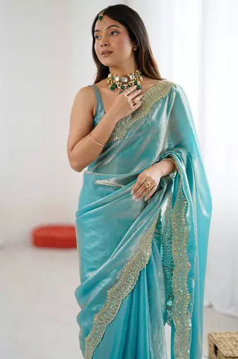 Sky blue stylish satin silk blend style saree