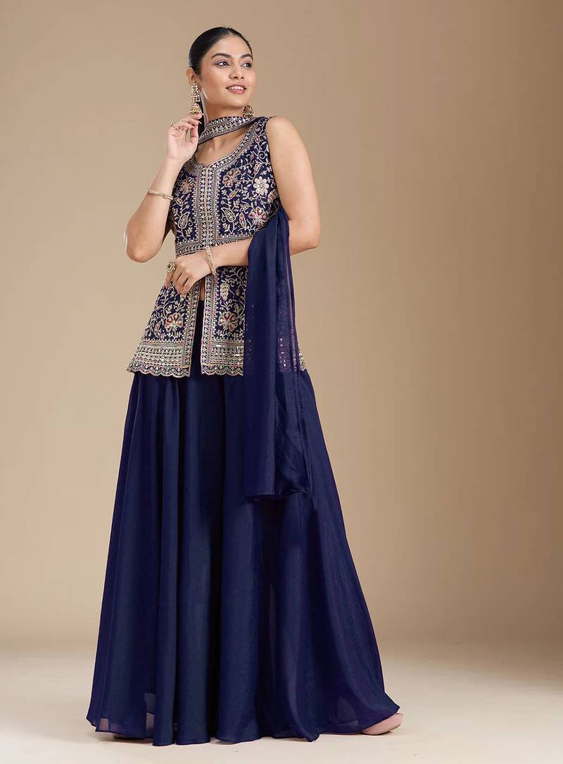 Blue color star georgette party wear designer peplum sharara set