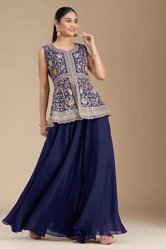 Blue color star georgette party wear designer peplum sharara set