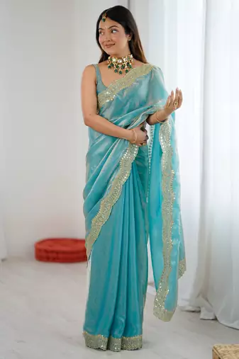 Sky blue stylish satin silk blend style saree