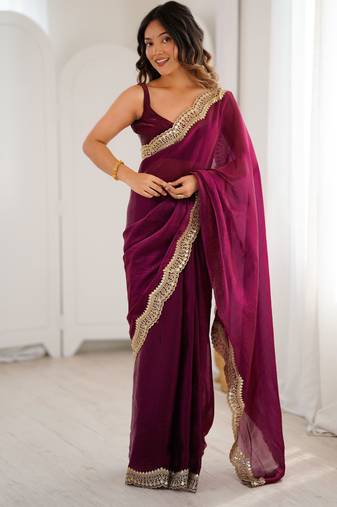Wine color stylish fendy satin silk fabric bollywood style saree