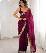 Wine color stylish fendy satin silk fabric bollywood style saree