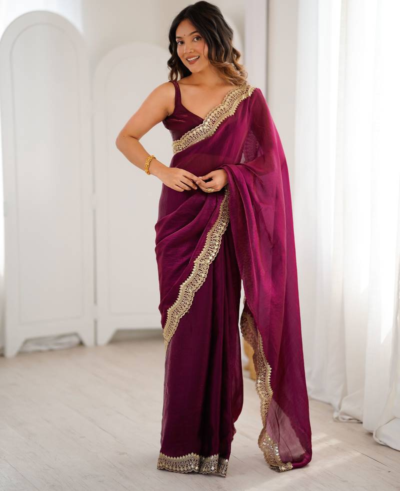 Wine color stylish fendy satin silk fabric bollywood style saree