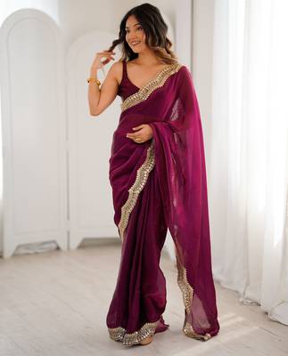 Wine stylish satin silk blend style saree 4