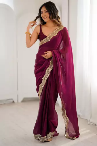 Wine stylish satin silk blend style saree