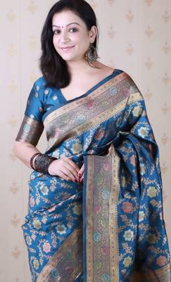 Denim blue faux banarasi silk blend saree graceful traditional looks saree 3