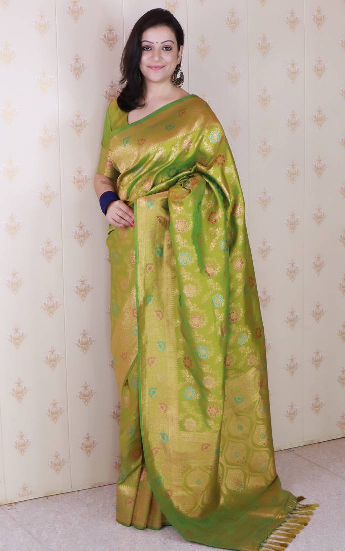 Mahendi color banarasi silk saree for graceful traditional looks saree
