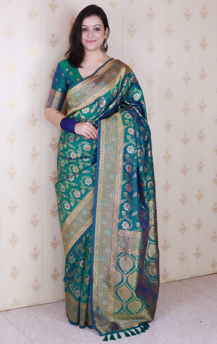 Rama color banarasi silk saree for graceful traditional looks saree