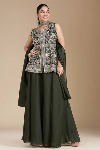 Mehendi color star georgette party wear designer peplum sharara set