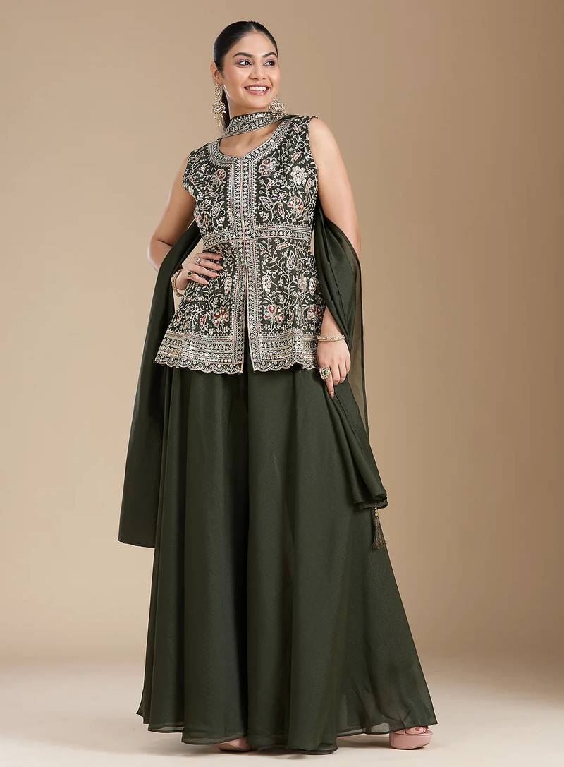 Mehendi color star georgette party wear designer peplum sharara set