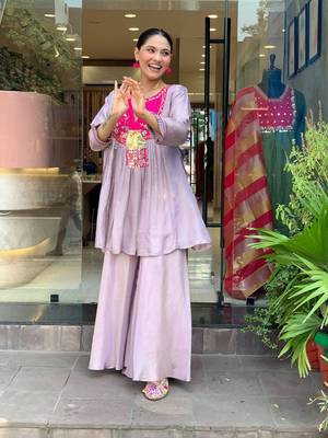 Stylish purple kurti set with pink floral embroidered yoke 2