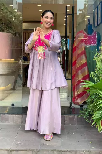 Stylish purple kurti set with pink floral embroidered yoke