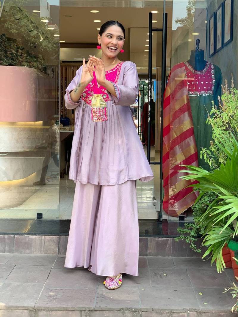 Stylish purple kurti set with pink floral embroidered yoke