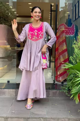 Stylish purple kurti set with pink floral embroidered yoke
