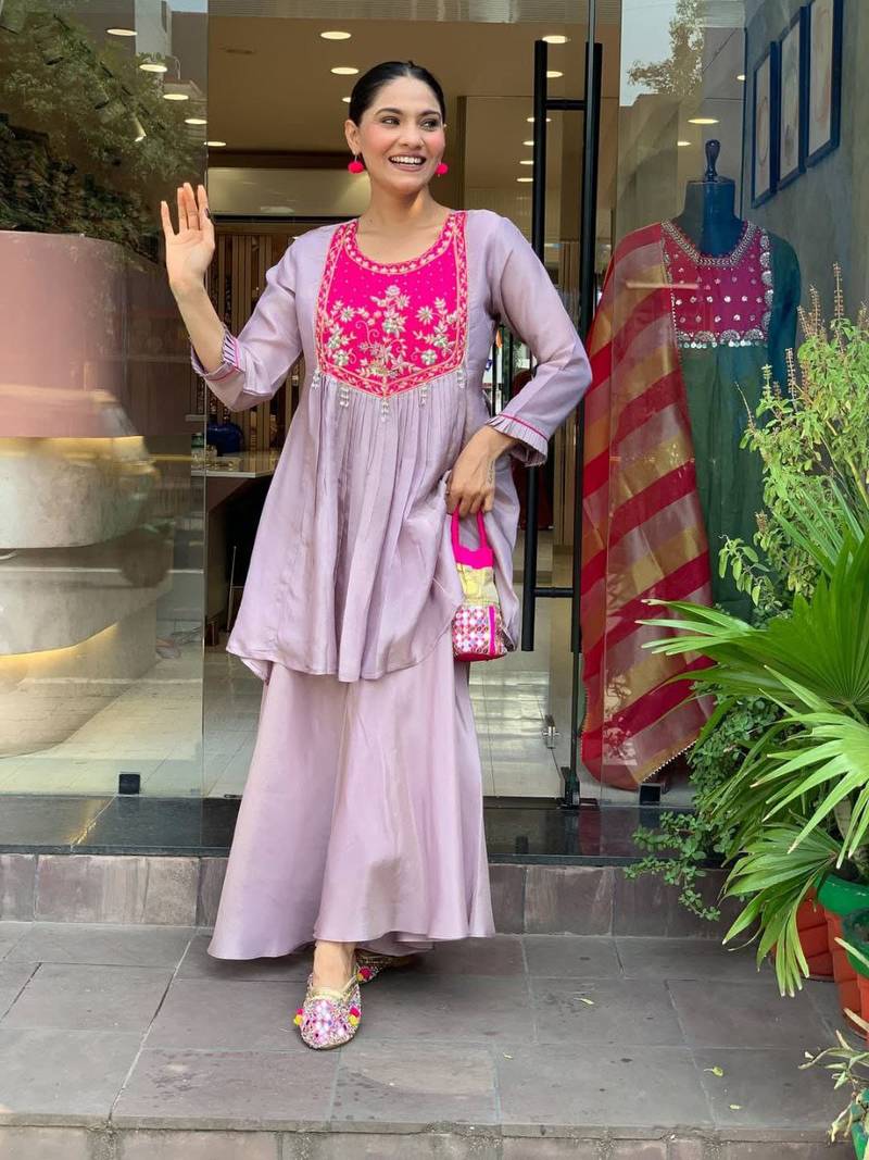 Stylish purple kurti set with pink floral embroidered yoke