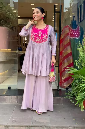Stylish purple kurti set with pink floral embroidered yoke