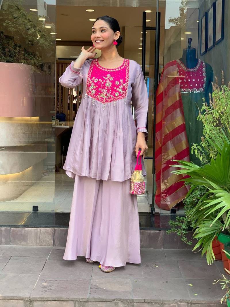 Stylish purple kurti set with pink floral embroidered yoke
