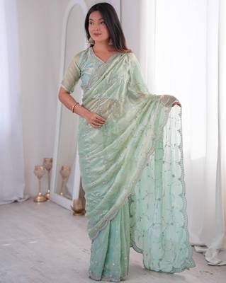 Olive embroidered silk blend saree 1