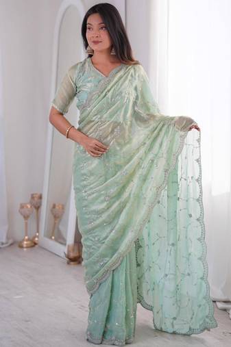 Olive embroidered silk blend saree