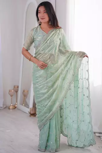Olive embroidered silk blend saree