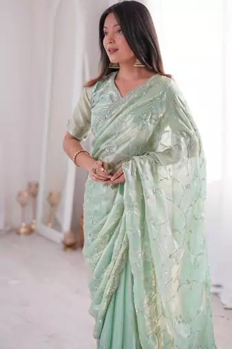 Olive embroidered silk blend saree