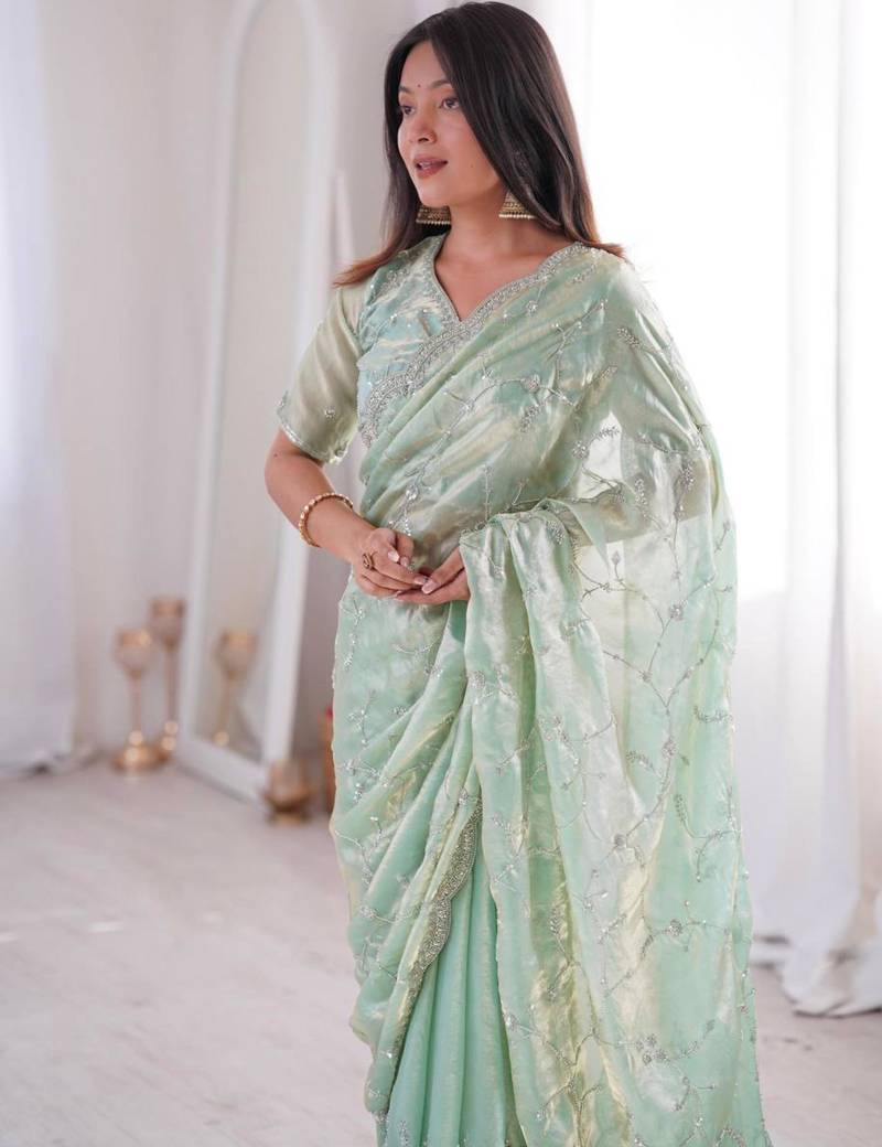 Olive embroidered silk blend saree