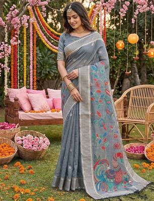Grey linen cotton graceful ethnic saree 1
