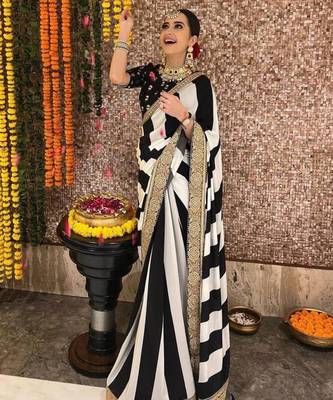 Black and white striped printed saree 1