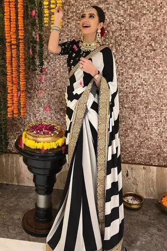 Black and white striped printed saree