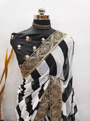 Black and white striped printed saree 2