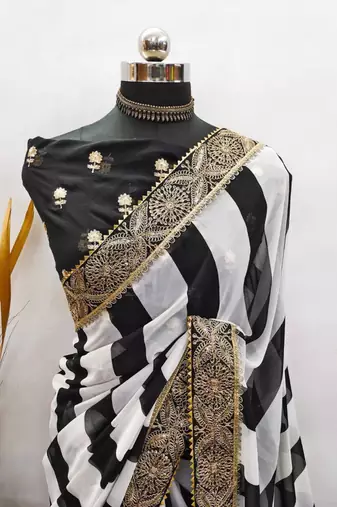 Black and white striped printed saree