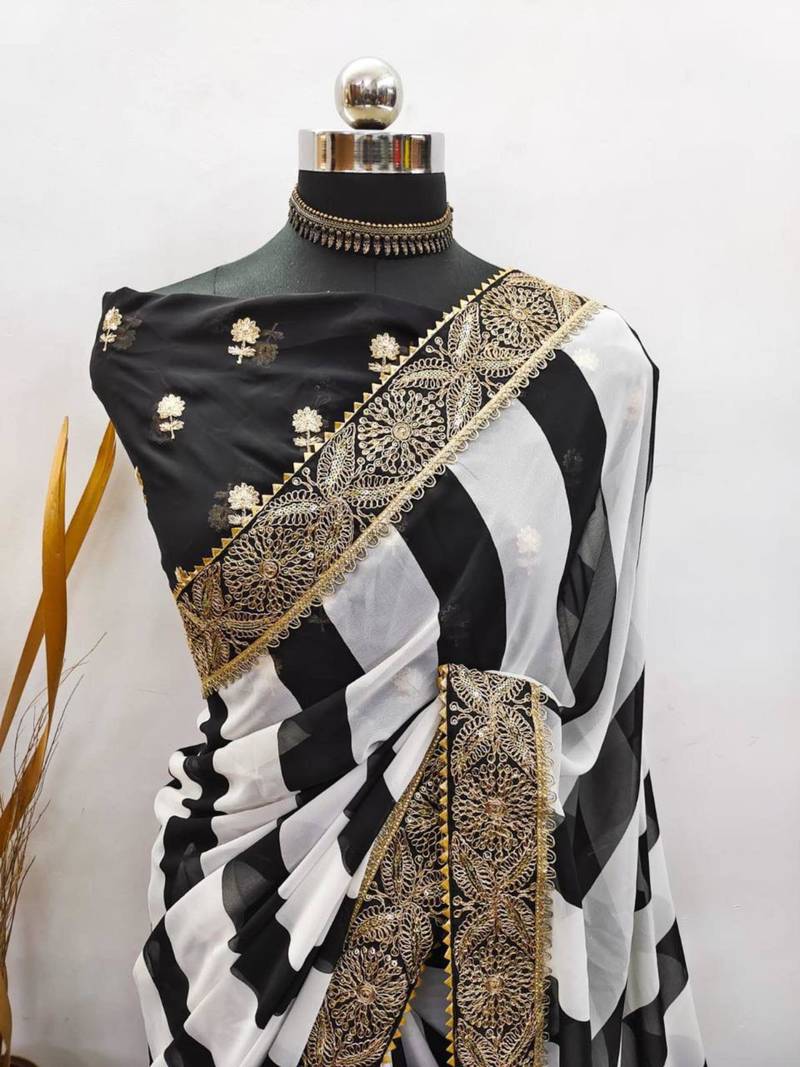 Black and white striped printed saree