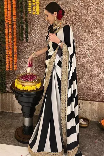 Black and white striped printed saree