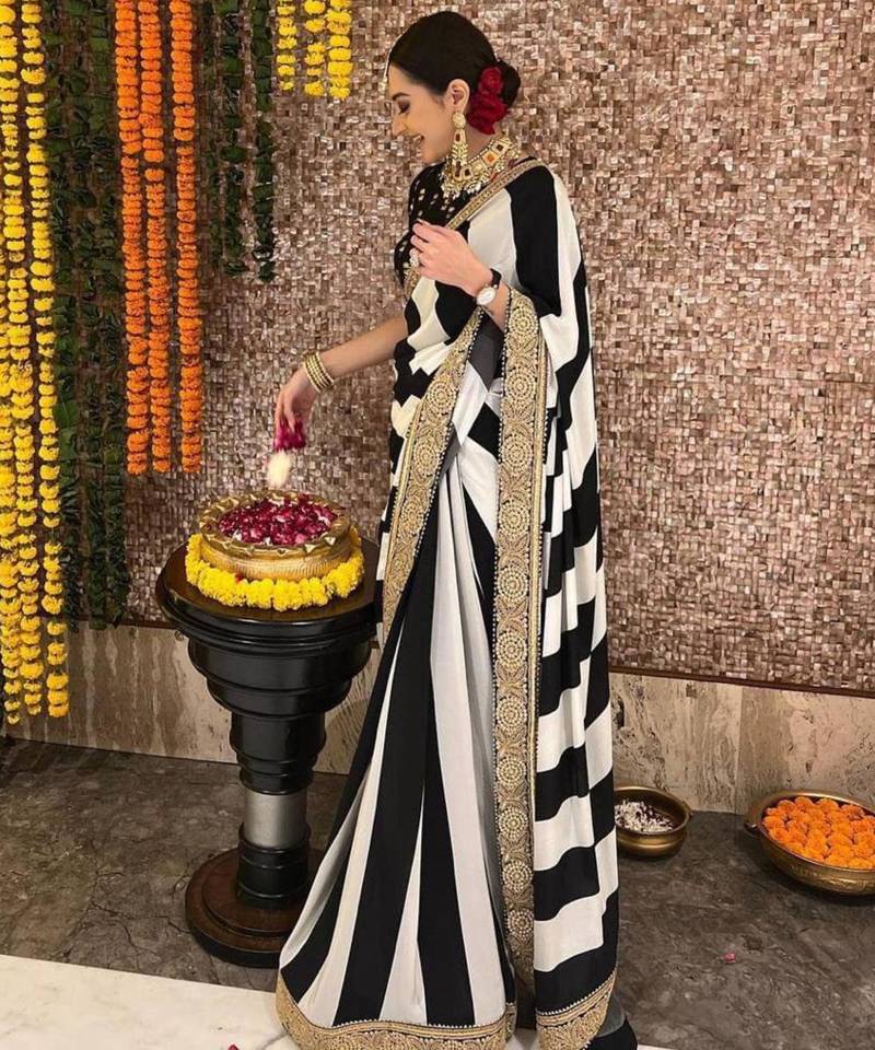 Black and white striped printed saree