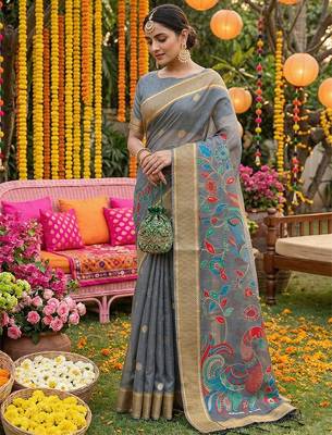Grey linen cotton graceful ethnic saree 3