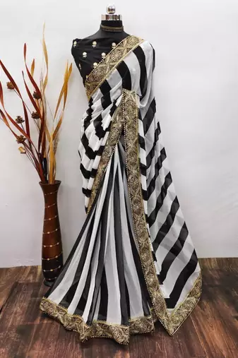 Black and white striped printed saree