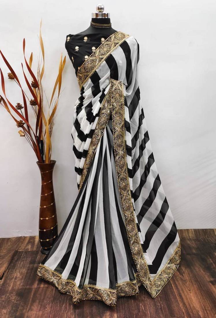 Black and white striped printed saree