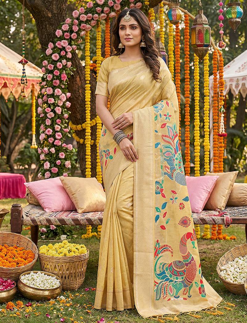 Yellow color beautiful linen cotton graceful ethnic saree