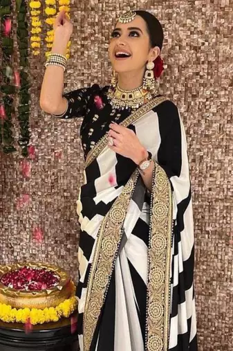 Black and white striped printed saree