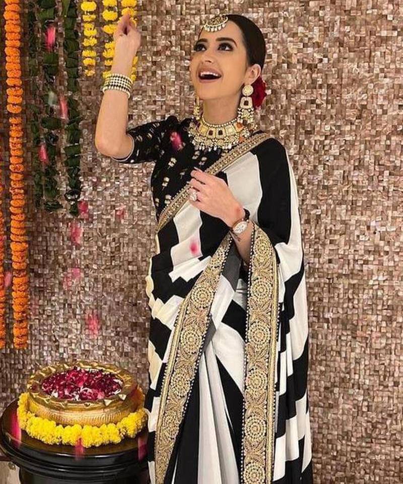 Black and white striped printed saree