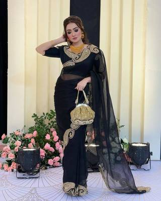 Black silk blend saree with heavy gold scalloped embroidery 1