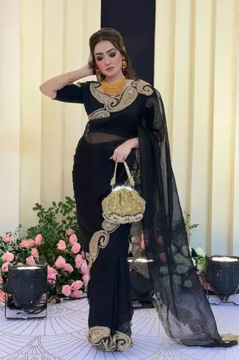 Black silk blend saree with heavy gold scalloped embroidery