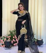 Black silk blend saree with heavy gold scalloped embroidery